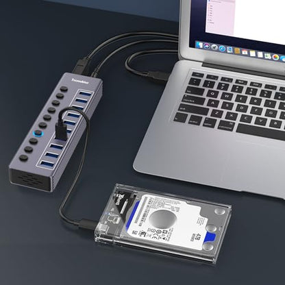 Powered 10-Port USB 3.0 Hub, USB C to 10 Ports USB Data Hub Splitter with Individual LED On/Off Switche, 3.3FT Cable, 12V/3A Power Adapter, for Laptop MacBook Pro/Air PC (Aluminum Gary)