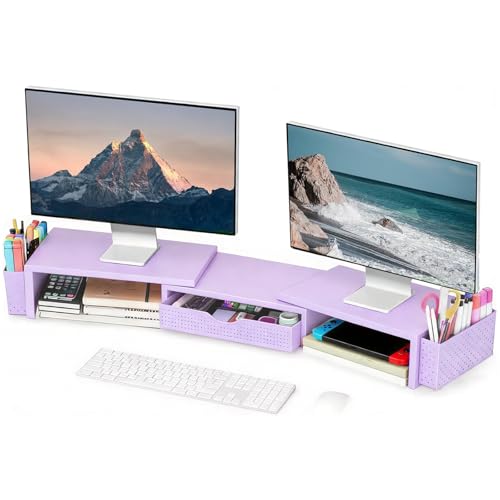 Spacrea Metal Desk Organizers and Accessories, Dual Monitor Stand Riser with Drawer and 2 Pen Holders, Desk Accessories & Workspace Desktop Organizers for Office Supplies (Purple) - color: Purple