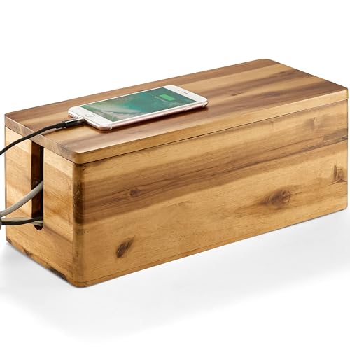 TIDITA Acacia Wood Cable Management Box Round Edge - 16" L Wooden Cable Organizer Box for Electrical Hiding Cord Management - Power Strip Hider Cable Storage Box for Office, Router Wires, Under Desk - color: Acacia, size: 16"