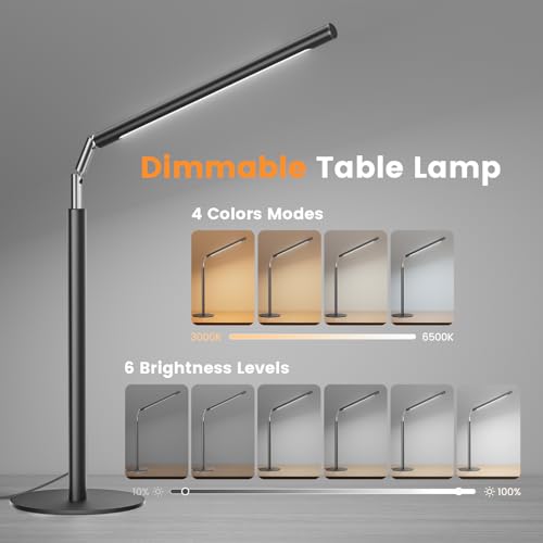 SIBRILLE Metal LED Desk Lamp, 16" Dimmable Desk Light with Base, 15W 1200LM, Adapter Included, Color & Brightness Adjustable, Modern Tall Table Lamp for Home Office Reading Study Task Laptop, Black - color: Black