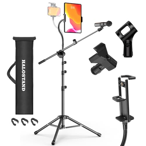Microphone Stand with IPAD Clip, Floor Foldable Mic Stand with Phone Clip,Heavy Duty Tripod Boom Arm with 2 Mic Clips and Carrying Bag for Singing Karaoke Stage - size: IPAD Clip + Gooseneck