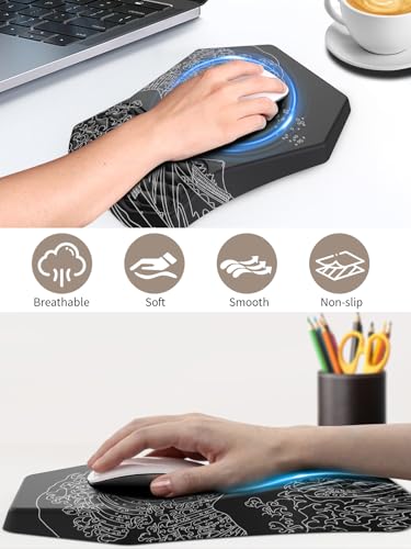 3-in-1 Ergonomic Keyboard Stand with Wrist Rest & Mouse Pad Set, Comfy Keyboard Riser Holder Soft Mousepad with Massage Design, Memory Foam and Non-Slip PU Base for Pain Relief, Black Wave of Kanagawa - color: Black Wave