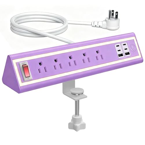 Desk Clamp Power Strip with Nightlight, 40W Fast Charging, 10FT Extension Cord, 4x20W USB-C & 2 USB Ports, 5 AC Outlets, Fits 1.69-Inch Table Edges - color: Purple 10 FT