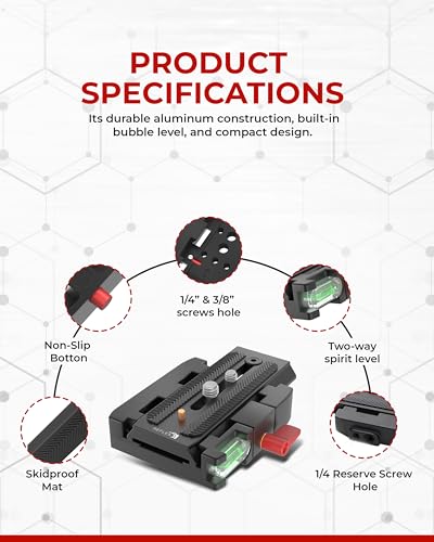 REFLEX CAMERA Professional Quick Release Plate Compatible with Manfrotto 501/500Ah/701HDV/503HDV/Q5 Heads, 15kg Load Capacity, 1/4” & 3/8” Screws, Bubble Level – Ideal QR Plate for Camera Stability