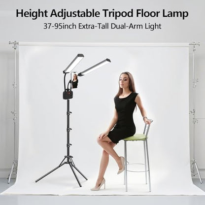 Selfie Light with 75'' Tripod Stand, Dimmable 3 Color LED Dual Arms Ring Light with Phone Holder & Carry Bag for Lash Tattoo Video Photography 45W 95CRI Tripod Floor Lamp