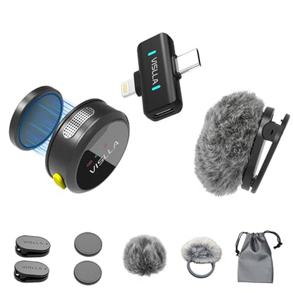 Vislla Mini Microphone for iPhone & Android, Furry Windscreen, Noise Cancelling Wireless Lavalier Microphone,Clip On Lapel Mini Mic Pro for Content Creators Vlogging/YouTube/Tiktok/Streaming/Interview