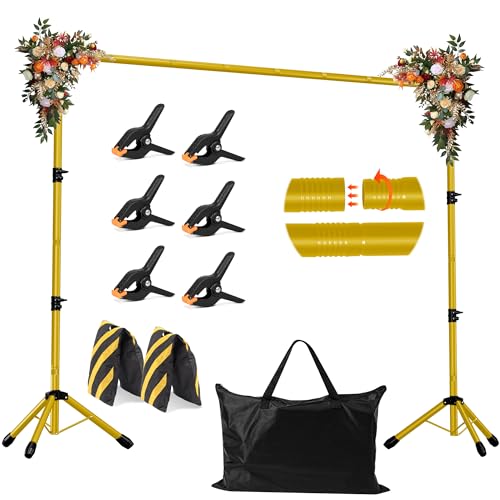 Backdrop Stand, Adjustable 10x7.5 FT Background Stand Backdrop for Parties, Photo Video Studio, Portable Photography Backdrop Stand with Carrying Bag, 6 Backdrop Clamps, and 2 Stand Bags, Gold - color: Gold, size: 10x7.5ft