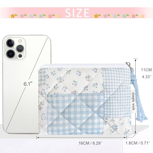 Cotton Quilted Floral Coin Purse Digital Camera Pouch with Cute Prints Zipper for Women Girls (BLUE PATCH) - color: BLUE PATCH
