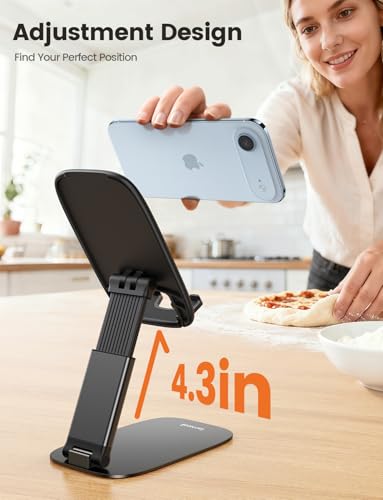Lamicall Ultra-Thin Foldable Cell Phone Stand for Desk | 0.59" Slim Fold, Height & Angle Adjustable, Sturdy Metal Base, Thick Case Friendly for iPhone 17/16/15/14 Pro Max, Galaxy S26 - color: A-Black