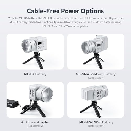 Godox ML80Bi COB Video Light w/95Wh Detachable Battery, Brighter Bi-Color Led Video Light 29600lux@5600K 1m, CRI 96, 2800K-6500K,11FX, Dimming 0%~100%, Portable Continuous Output Lighting Photography - color: ML80Bi