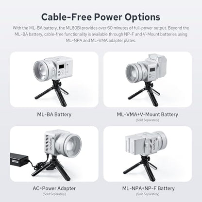 Godox ML80Bi COB Video Light w/95Wh Detachable Battery, Brighter Bi-Color Led Video Light 29600lux@5600K 1m, CRI 96, 2800K-6500K,11FX, Dimming 0%~100%, Portable Continuous Output Lighting Photography - color: ML80Bi