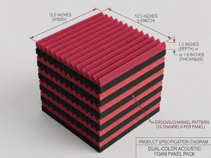 96 Pack Black/RED 12 "X 12 "X1" Acoustic Panels Studio Soundproofing Foam Wedge Tiles(Accompanied By Double-Sided Adhesive Tape) - color: Black/red