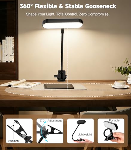 Jasput 2-in-1 LED Clip-On Book & Desk Lamp, Flexible Gooseneck, 3 Color Modes & Dimmable, Rechargeable Reading Light & Video Conference Light for Bed, Desk, Laptop, Study