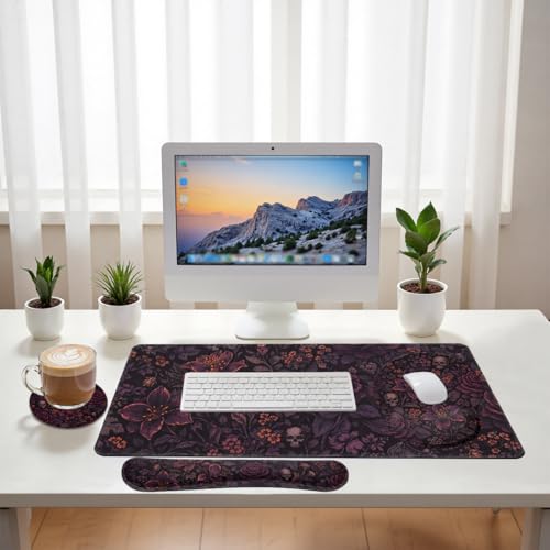 Dark Floral Desk Mat Set Gothic Skull Rose Large Mouse Pad with Wrist Rest 4in1 Desk Mat for Desktop Ergonomic Computer Desk Arm Wrist Anti-Slip Computer Ergonomic Mouse Pad Home Office Gaming - color: Dark Floral