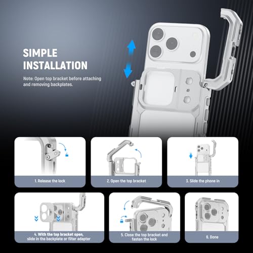 NEEWER Phone Cage Compatible with iPhone 17 Pro Max, Quick Release Video Rig Stabilizer Accessories with 67mm Filter Ring, 17mm Lens Backplate, T Mount Adapter, 4X Camera Control Cap, PA144 (Silver)