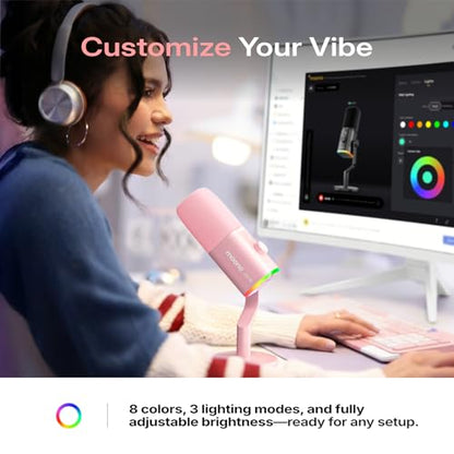 MAONO PD100W Wireless USB Dynamic Microphone, Gaming PC Mic with One-Click Noise Reduction,Mute Button,Custom RGB,3.5mm Headphone Jack,Software, Podcast Streaming Mic (Desktop(USB-C Receiver), Pink) - color: Pink