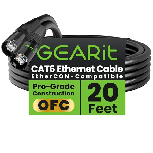 GEARit Shielded CAT6 Ethercon Cable (20 Feet) Professional Audio & Lighting RJ45 EtherCON-Compatible Cable for Studio, Stage, Concerts - 20ft Black - color: Black, size: 20 Feet