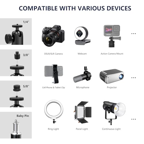 【All Metal】RAUBAY Desktop Magic Arm, Overhead Camera Desk Mount, Table Light Stand with 1/4“ Ball Head, 3/8" & 5/8" Adapter, C Clamp, Retractable Boom Arm for DSLR, Webcam, Microphone, Projector DMA01
