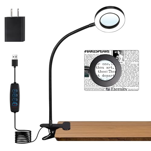 Woputne 5X Magnifying Glass Desk Clip Lamp, 10 Brightness, 3 Color Modes, 5V/2A Adapter Included – Clamp Light for Reading, Crafting, Close Work (Black) - size: Black-1 Piece-5X Magnifier-With Adapter