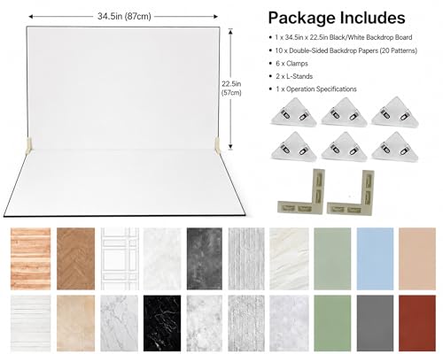 Product Photography Backdrops 22.5x34.5in, Photo Backdrop Board Kit with 10Pcs 20Patterns Double-Sided Background Paper, Food Photography Backdrops, Tabletop Photo Backdrop for Food Jewelry Cosmetics