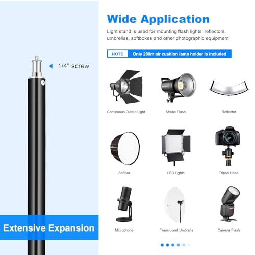 2pack Heavy Duty Light Stand 9.2ft / 110" Aluminum Spring Cushioned Tripod Lighting Stands Max Loading:10KG Adjustable 94cm-280cm with Carry Bag for Photography Softboxes Umbrella Studio Shooting