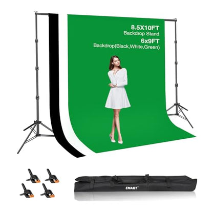 EMART 8.5x10ft Green Screen Backdrop Kit with 6x9ft Polyester Backdrop(Black/White/Green), Adjustable Photography Background Support System for Studio Photography, Parties, Wedding, Video Shooting | Adjustable Background Stand with Black/White/Green Scree