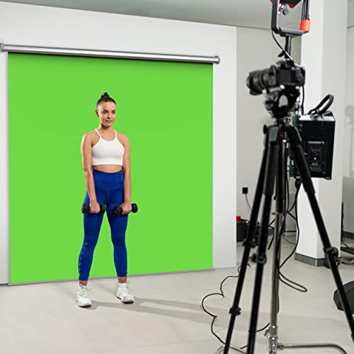 【Wider Style】 KHOMO Gear Green Screen 84 x 84 inch – Extra Large Pull Down Backdrop – Portable Collapsible Roll Down Projector Screen – Green Screen for Video, Streaming, and Photography - color: Green - Grey Metal Frame