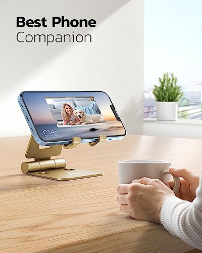 Nulaxy Dual Folding Cell Phone Stand, Fully Adjustable Foldable Desktop Phone Holder Cradle Dock Compatible with iPhone 17 16 15 14 13 12 11 Pro Xs Xs Max Xr X 8, Nintendo Switch, All Phones - Gold - color: J-Gold