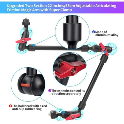 22" Articulating Magic Arm Camera Mount, Desk Clamp Overhead Mount | Anti-deflection lock, anti-slip pads, 0.55lb load, 1/4 3/8 5/8 adapters, aluminum, POV, light, phone, webcam, mic, vlogging
