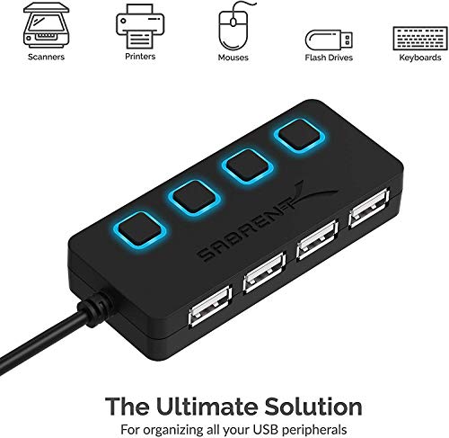 SABRENT 4 Port USB 2.0 Data Hub with Individual LED lit Power Switches [Charging NOT Supported] for Mac & PC (HB-UMLS) - size: USB-A 4-Port