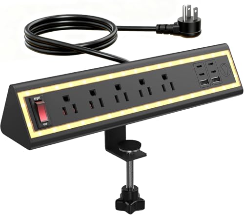 Desk Clamp Power Strip with Nightlight, 40W Fast Charging, 10FT Extension Cord, 4x20W USB-C & 2 USB Ports, 5 AC Outlets, Fits 1.69-Inch Table Edges - color: Black 10 FT