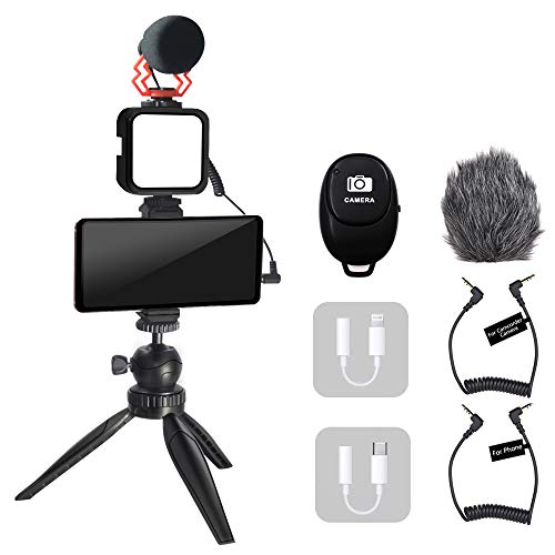 Video Vlogging Kit Smartphone Video Microphone Kit with Tripod/Phone Clip/LED Light/mic/3.5mm/Type-c/iPhone Lightning Cable/Remote Control, for iPhone X Samsung Huawei/Sony a7 Camera