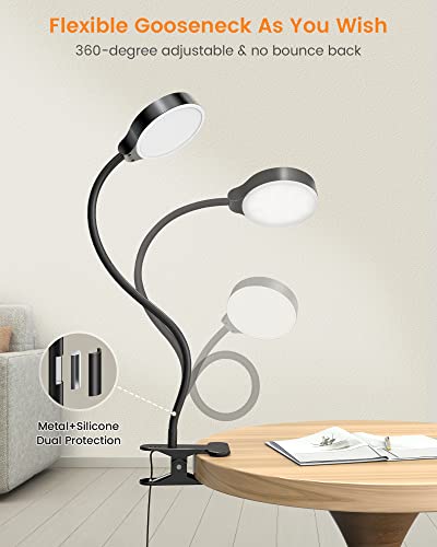 Glocusent 5W Clip on Light, 36 LED Eye Caring Reading Light for Bed, 3 Colors & 5 Brightness Clip on Lamp with Adapter, Perfect Desk Lamp with Clamp/Bunk Bed/Headboard/Table - color: Black