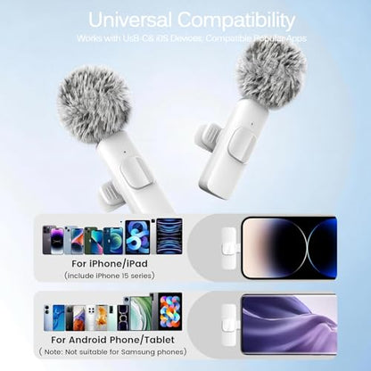White Wireless Lavalier Microphone for iPhone & Android - Mini Clip-On Mic with Noise Cancellation 2 Pack Lapel Mic Plug and Play Wireless Mic for Video Recording Interview Podcast Vlog YouTube