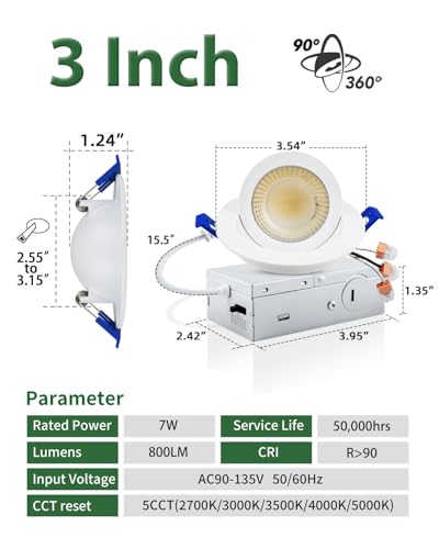 zouzai 3 Inch Gimbal LED Recessed Lights, White, 1 Pack, with Junction Box, 360°+ 90° Adjustable, 5CCT 2700K-5000K, Dimmable, Canless Eyeball Downlight, CRI90+, 800LM 7W 120V, ETL - color: White-3 inch, size: 1 Pack