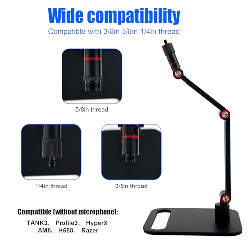Microphone Stand Desk, Max Load 3.3lb Adjustable Desktop Mic Arm Stand with Thread Adapters for Podcast Streaming Gaming Studio Table Mount Accessories
