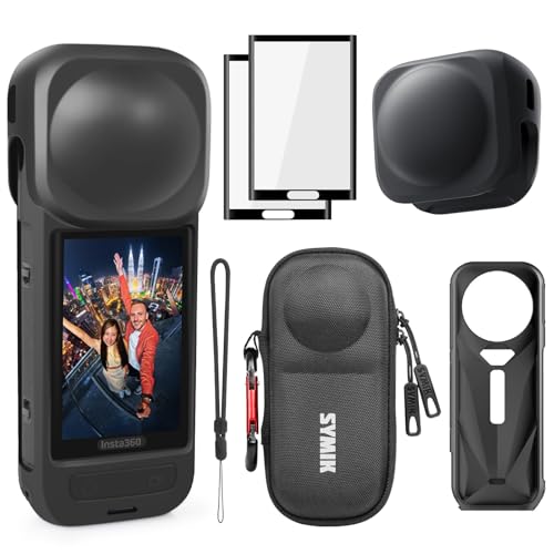 SYMIK Small Carrying Case for Insta360 X5, Bundle with Protective Silicone Lens Cap, Sleeve Case, Screen Protectors for Insta 360 X5, Portable Hard Shell Travel Bag for Insta360 X5 Accessories - color: Case + Lens Cap + Screen Protectors + Sleeve Case