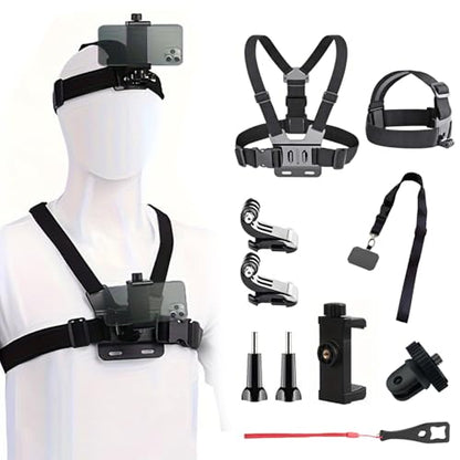 Mobile Phone Chest Strap Harness Mount Head Strap Holder Kit for VLOG/POV, Compatible with iPhone, Samsung, GoPro Hero 9, 8,7, 6, 5, 4, 3,2, 1, DJI Osmo,and Action Cameras