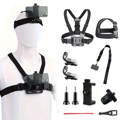 Mobile Phone Chest Strap Harness Mount Head Strap Holder Kit for VLOG/POV, Compatible with iPhone, Samsung, GoPro Hero 9, 8,7, 6, 5, 4, 3,2, 1, DJI Osmo,and Action Cameras