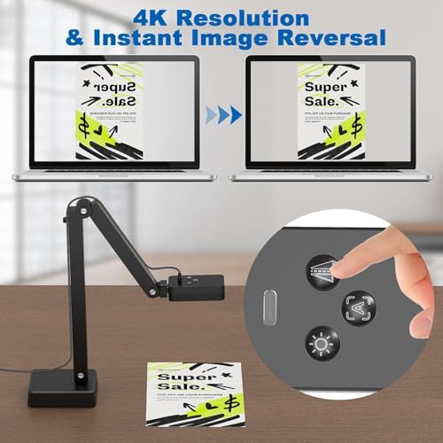 8MP USB Document Camera for Teachers and Classroom, Auto Focus 4K Doc Cam | A3 A4 Document, LED Light and Mic, Image Invert, Foldable Arm for Mac Windows Chromebook, for Live Demo Distance Learning