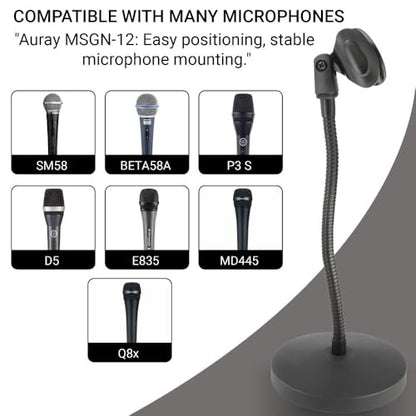 Desktop Gooseneck Microphone Stand with 12″ Flexible Arm, Heavy Die‑Cast Weighted Base, Mic Clip & 3/8″–5/8″ Adapter – Ideal for Podcasting, Streaming & Broadcast - size: 12 inch