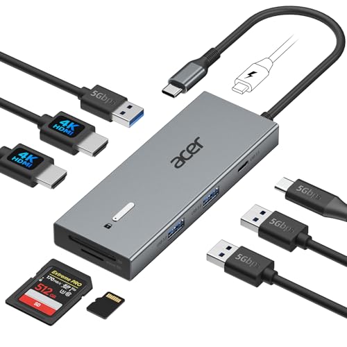 Acer USB-C Docking Station Dual Monitor, 9-in-1 Laptop Dock with 2 HDMI | Laptop Docking Station with 4K@60Hz HDMI, USB A&C 3.0, SD/Micro SD, 100W PD Compatible with Acer/Dell XPS/HP/Mac (0.65FT) - size: 0.65FT