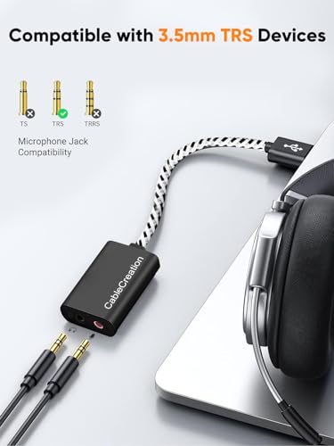 CableCreation USB Audio Adapter External Sound Card with 3.5mm Headphone and Microphone Jack Compatible with Windows, Mac, macOS, Linux, PS4, PS5, Plug and Play, Aluminum Black - color: Black USB 2.0, size: 1-Pack