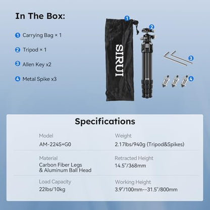 SIRUI 31.5" Compact Carbon Fiber Small Desktop Tripod with Low Profile Ball Head, Portable Lightweight Backpack Camera Tripod with Spikes for Travel Vlogging Tabletop, Macro Photography, AM-224S+G0 - style: AM-224S+G0