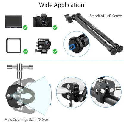 UTEBIT 22 Inch Magic Arm Camera Mount with Super Clamp 1/4" 3/8" Screw Hole | Adjustable Articulating Friction Camera Boom with 360° Ball Heads Arm for Monitor, LED Light, Webcam, Action Camera - size: 22inch