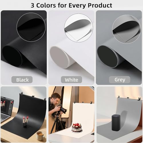 Photo Backdrop for Product Photography: Durable PVC Background Kit in 23.6x35.4in for Food & Small Product Photos - for Online Sellers & Content Creators (White Black & Grey)