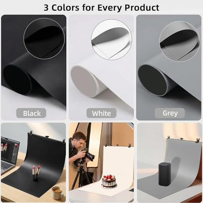 Photo Backdrop for Product Photography: Durable PVC Background Kit in 23.6x35.4in for Food & Small Product Photos - for Online Sellers & Content Creators (White Black & Grey)