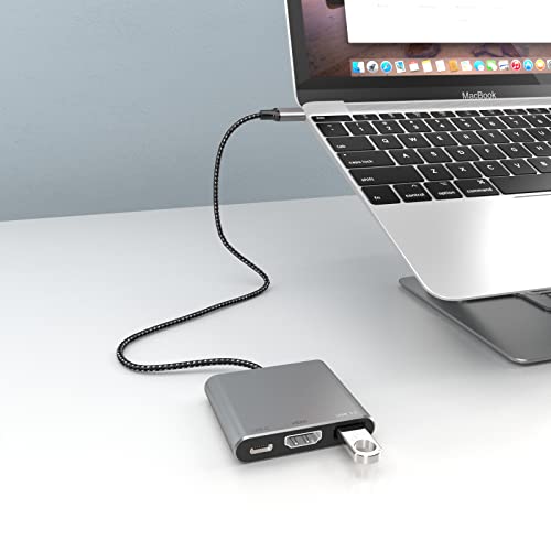 Battony USB C Multiport AV Adapter with 4K HDTV Output USB 3.0 Port, 50cm Braided Cable & USB-C Fasting Charging Port,Compatible for MacBook Pro Air M1 M2 Pad Pro iMac and Other Type C Devices - color: Grey, size: 6.5X 3X 0.75in