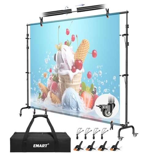 EMART 10x7.7ft Rolling Backdrop Stand with Wheels, Adjustable and Movable Photo Backdrop Banner Stand for Studio Photography, Wedding, Party Decoration, Video Recording, Events Decoration