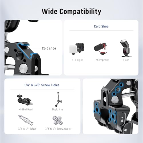 NEEWER Super Clamp with 3" Dual Ballhead Magic Arm, Camera Phone Clamp Mount with 1/4" 3/8" Threads, Cold Shoe, Phone Holder, Action Camera Adapter Compatible with GoPro DJI iPhone 16 15 Pro Max, ST88 - style: ST88